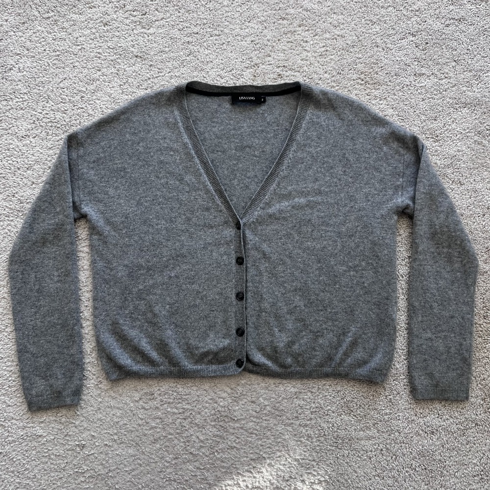 LISA YANG Abby V-Neck Cardigan 100% Cashmere Sweater Womens 2 Gray Button